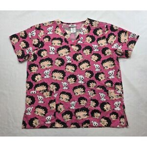 Betty Boop All Over Print Women's Pink V-Neck Scrubs Top. Size L